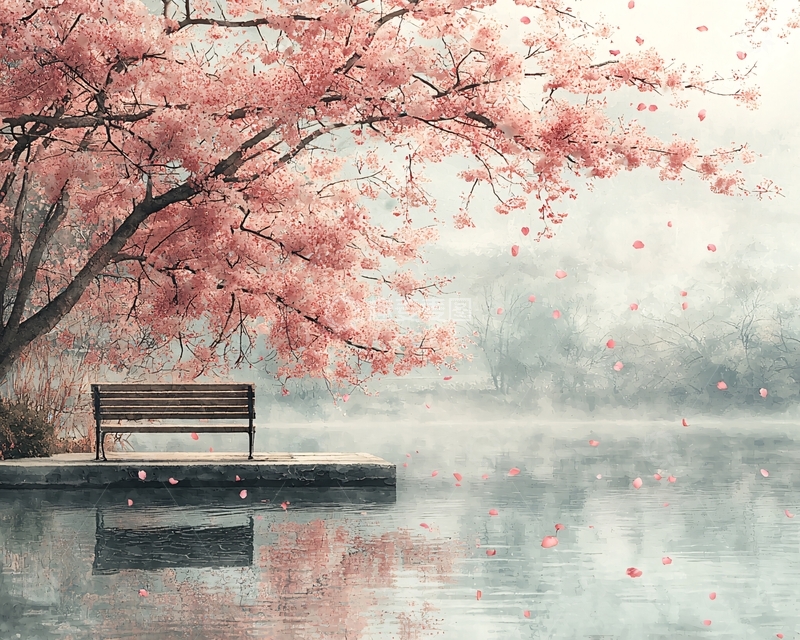 高清大图下载【趣麦麦图】粉红色的樱花树下长椅