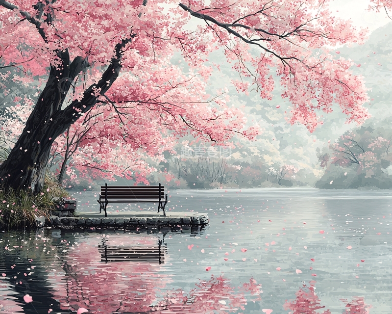 高清大图下载【趣麦麦图】樱花树下湖边长椅