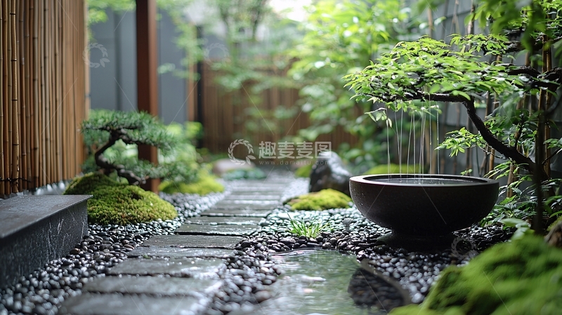 高清大图下载【趣麦麦图】日式庭院小径与绿植水钵