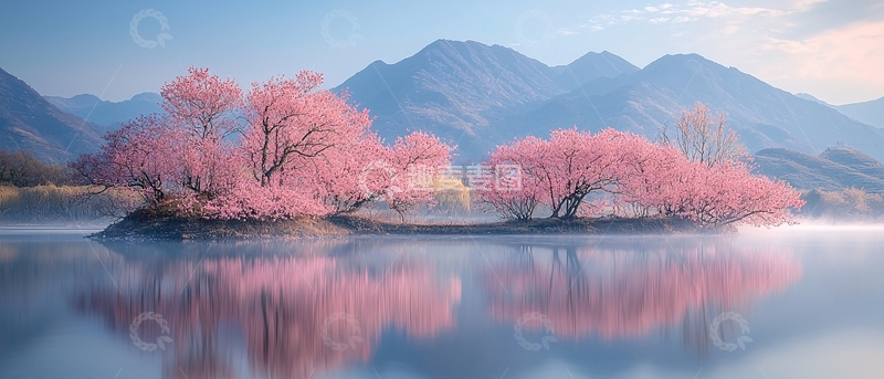 高清大图下载【趣麦麦图】粉红樱花湖泊倒影