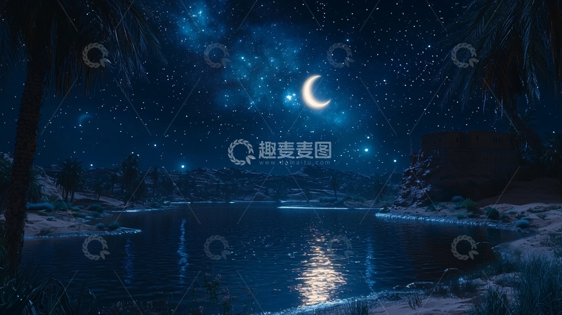 高清大图下载【趣麦麦图】星空下的月牙湖