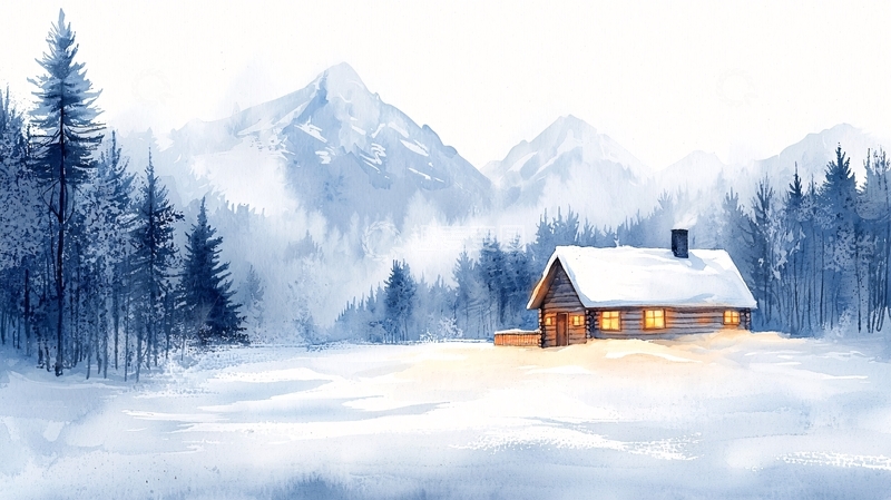 高清大图下载【趣麦麦图】冬日雪山小屋水彩画