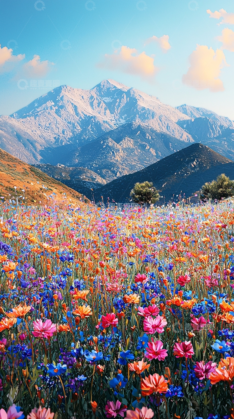 高清大图下载【趣麦麦图】雪山花海