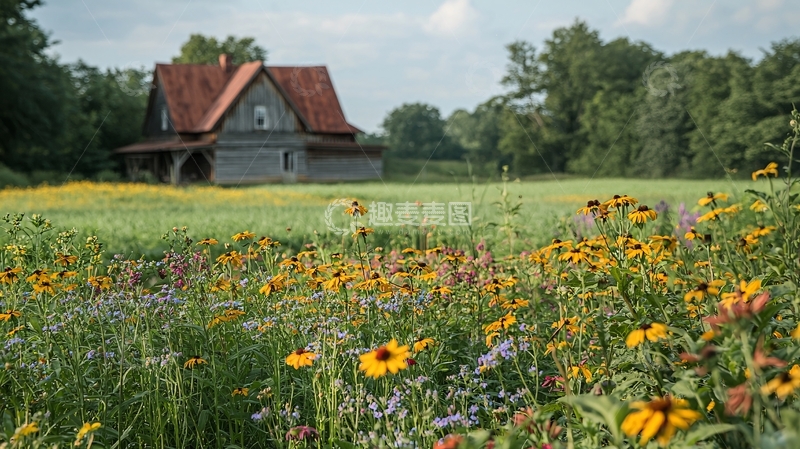 高清大图下载【趣麦麦图】田园老屋鲜花盛开