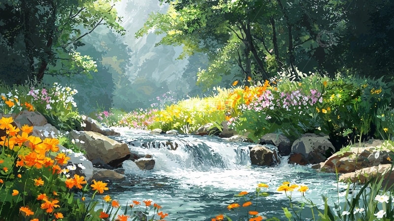 高清大图下载【趣麦麦图】溪流瀑布花海森林