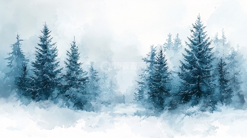 高清大图下载【趣麦麦图】水彩雾凇森林