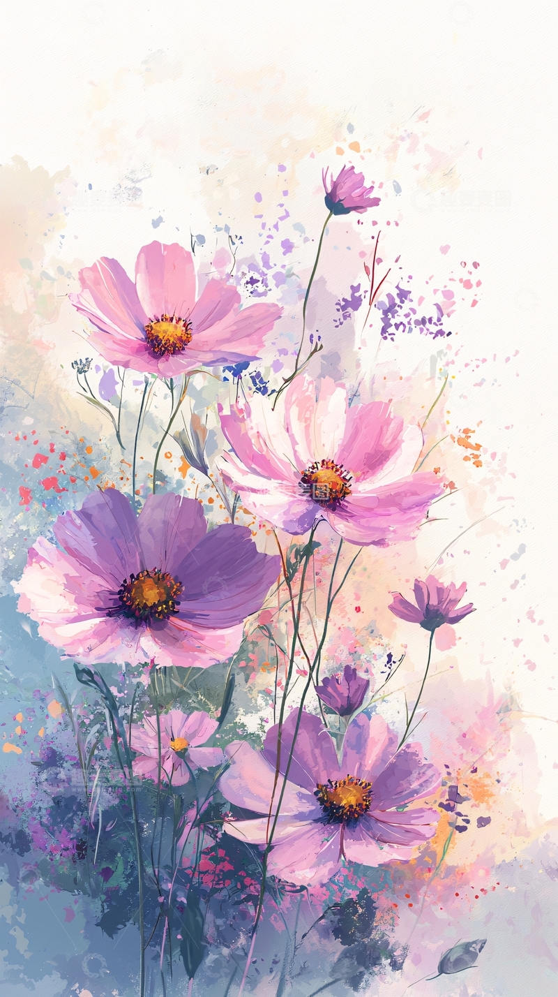 高清大图下载【趣麦麦图】粉色波斯菊水彩画