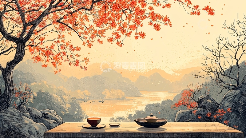 高清大图下载【趣麦麦图】秋日山景茶桌