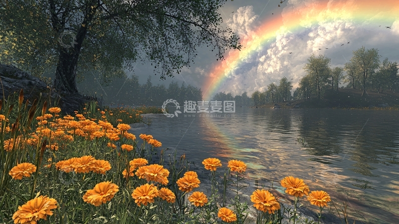 高清大图下载【趣麦麦图】彩虹下的河流