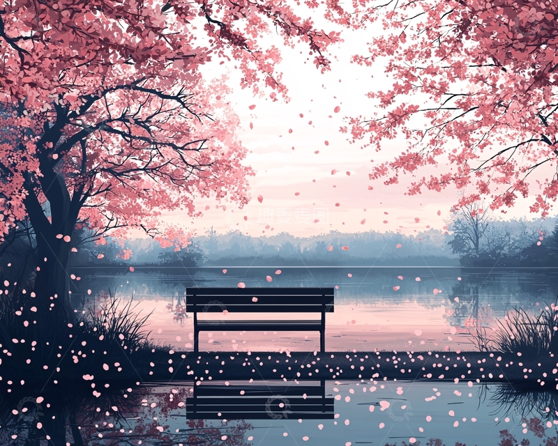 高清大图下载【趣麦麦图】唯美樱花湖边长椅