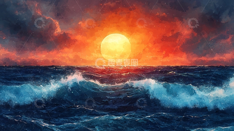 高清大图下载【趣麦麦图】燃烧的夕阳大海