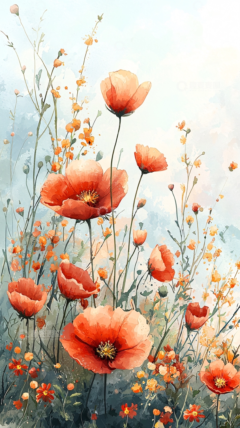 高清大图下载【趣麦麦图】水彩罂粟花田