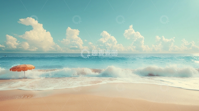 高清大图下载【趣麦麦图】海滩上的橙色遮阳伞