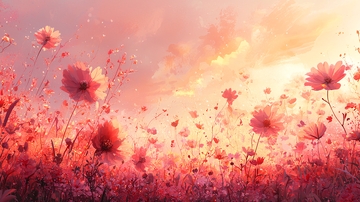 粉红色花田日落景色