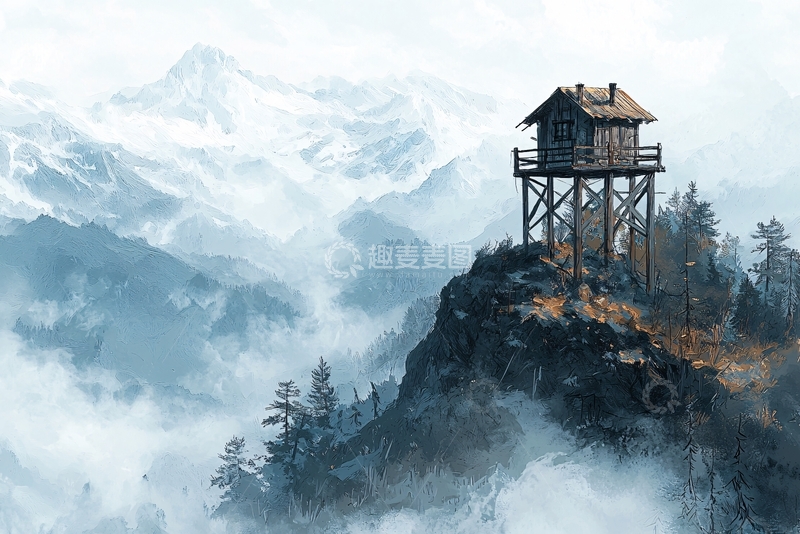 高清大图下载【趣麦麦图】山顶小屋雪山雾景
