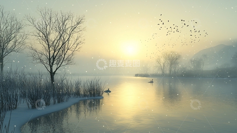 高清大图下载【趣麦麦图】冬日清晨湖边景色