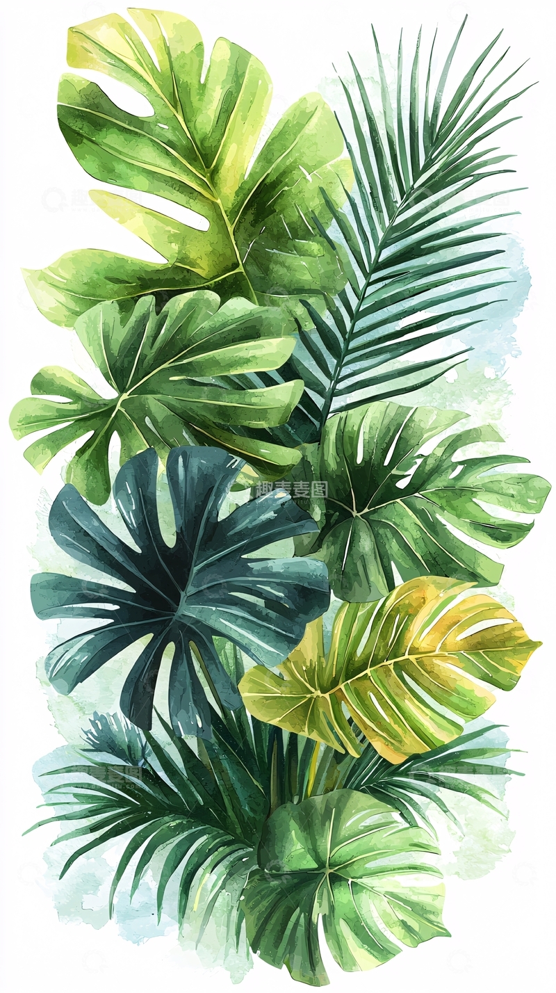 高清大图下载【趣麦麦图】水彩绿叶植物组合