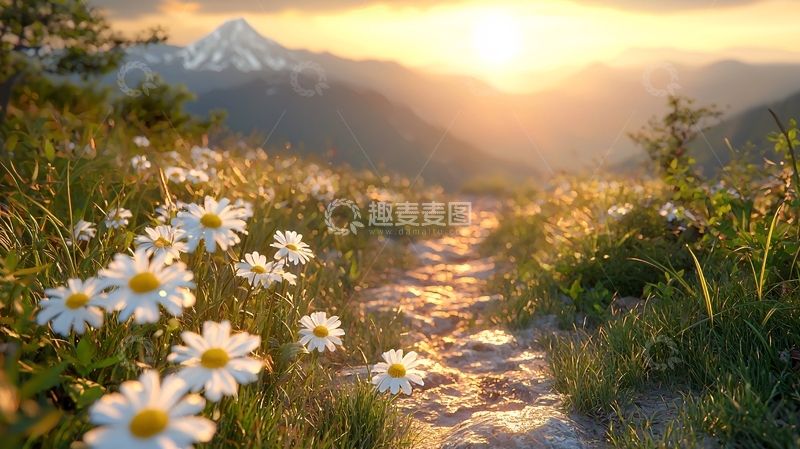 高清大图下载【趣麦麦图】日出山峰野花小路