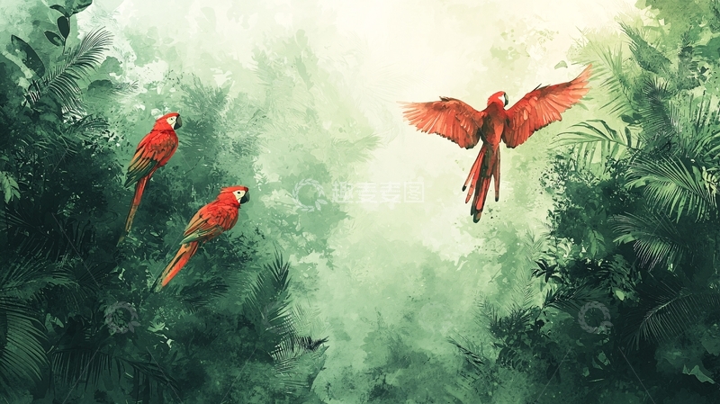 高清大图下载【趣麦麦图】红金刚鹦鹉雨林飞翔图
