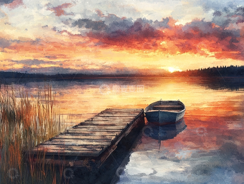 高清大图下载【趣麦麦图】平静湖面夕阳西下