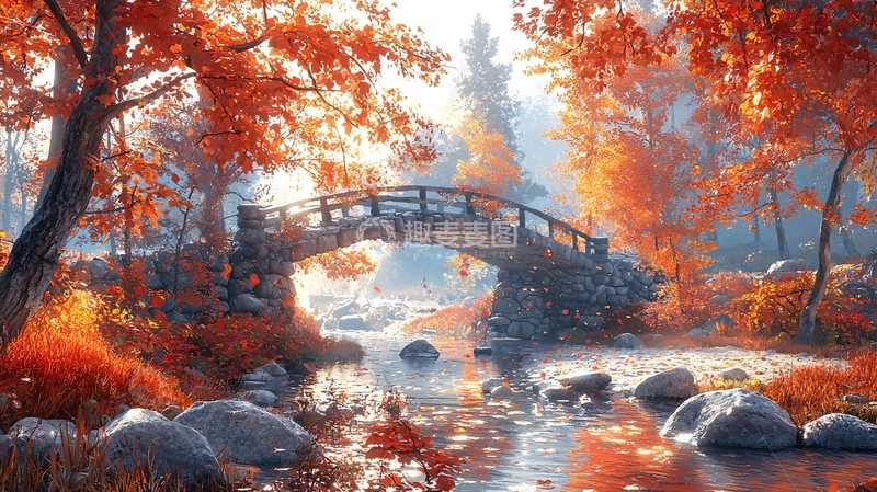 高清大图下载【趣麦麦图】秋日暖阳下的石桥