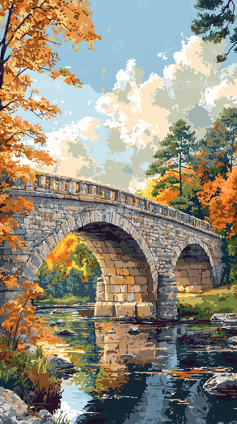 高清大图下载【趣麦麦图】秋日石桥流水风景画