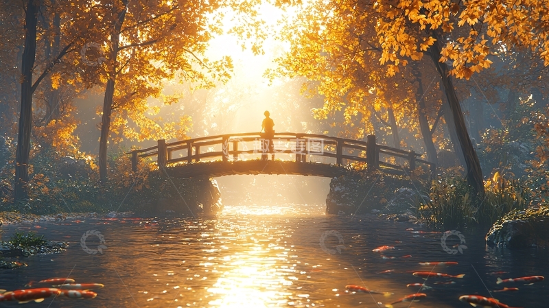 高清大图下载【趣麦麦图】秋日暖阳下的木桥