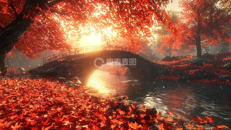 高清大图下载【趣麦麦图】秋日红叶桥流水