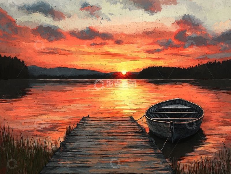 高清大图下载【趣麦麦图】夕阳西下湖边小船
