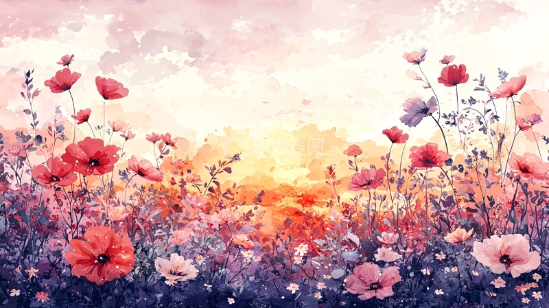 高清大图下载【趣麦麦图】水彩罂粟花田日落