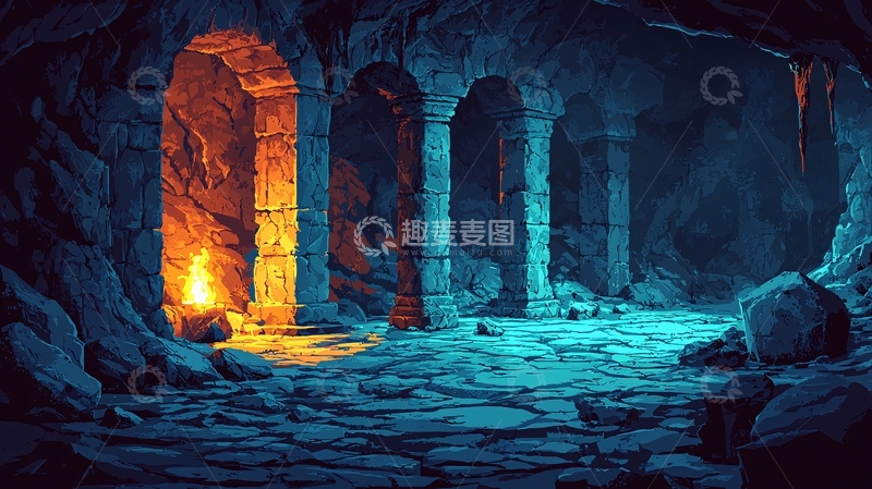高清大图下载【趣麦麦图】黑暗洞穴石柱火焰