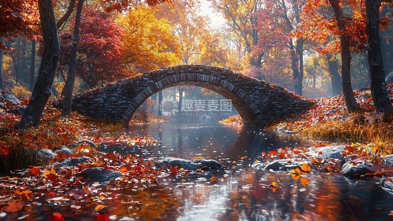 高清大图下载【趣麦麦图】秋日森林小桥流水