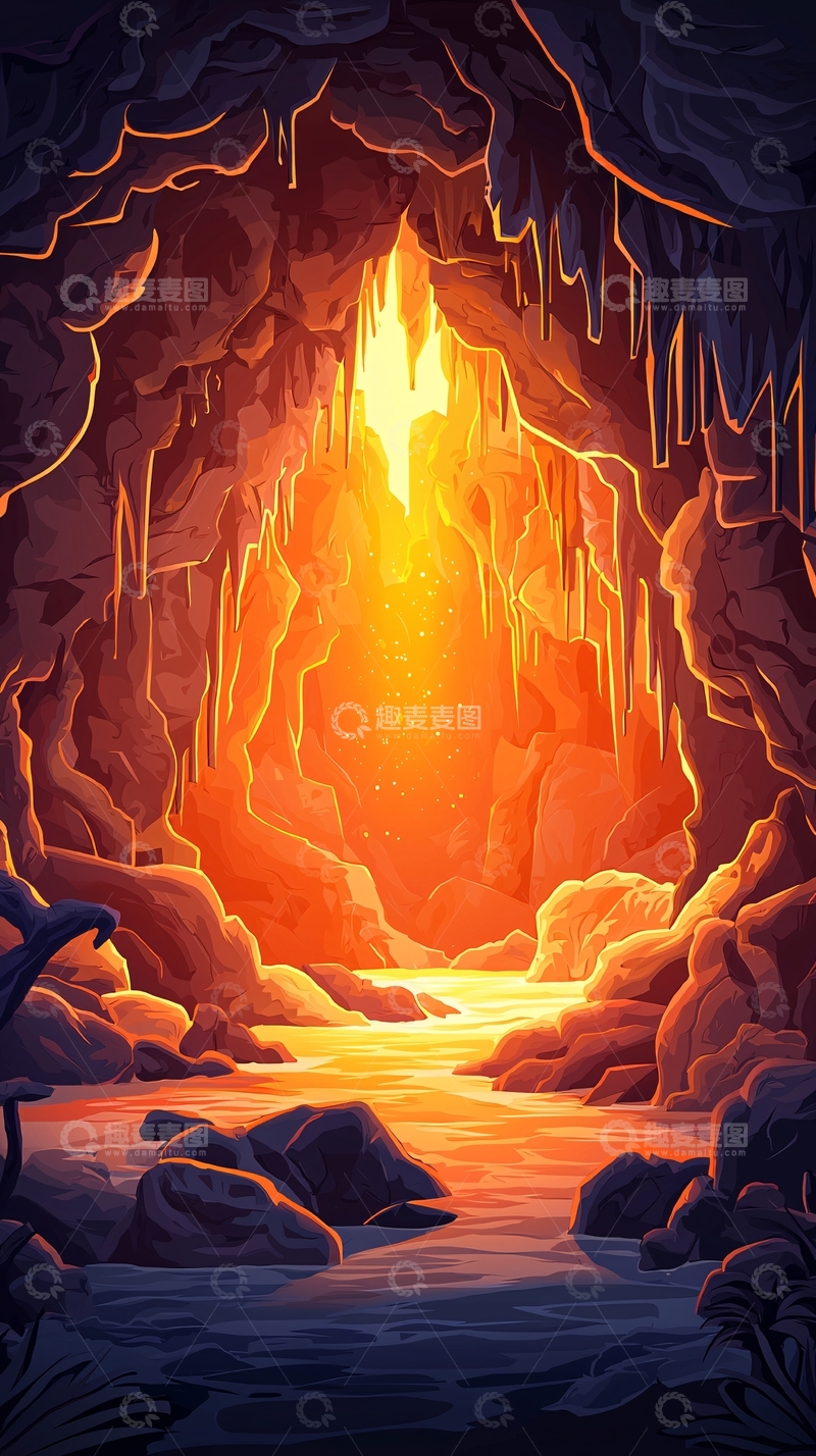 高清大图下载【趣麦麦图】光亮洞穴深处神秘河流
