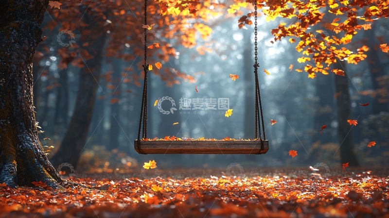 高清大图下载【趣麦麦图】秋日森林里的孤独秋千