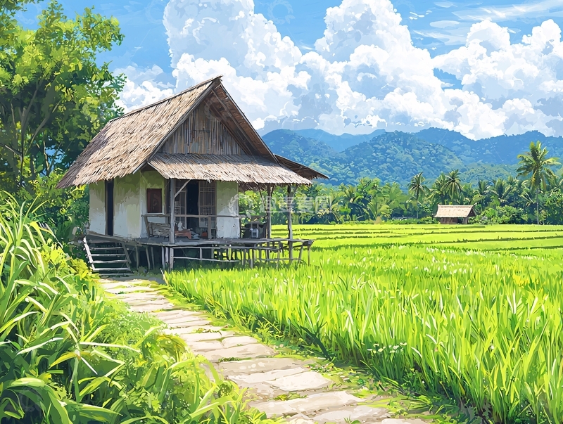 高清大图下载【趣麦麦图】稻田小屋