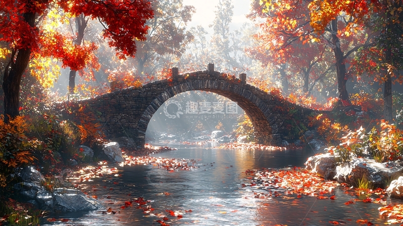 高清大图下载【趣麦麦图】秋日古桥流水风景