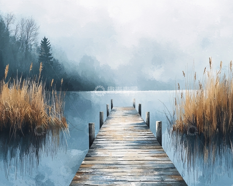 高清大图下载【趣麦麦图】雾气弥漫的木质栈桥