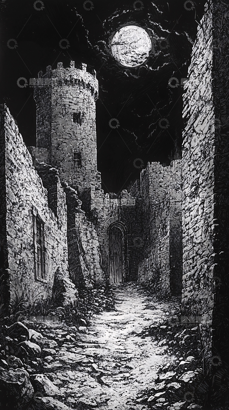 高清大图下载【趣麦麦图】月光下的废墟古塔