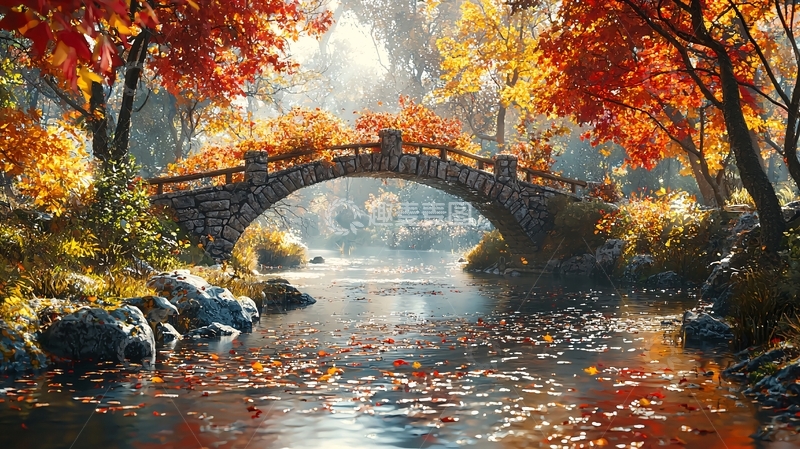 高清大图下载【趣麦麦图】秋日小桥流水美景