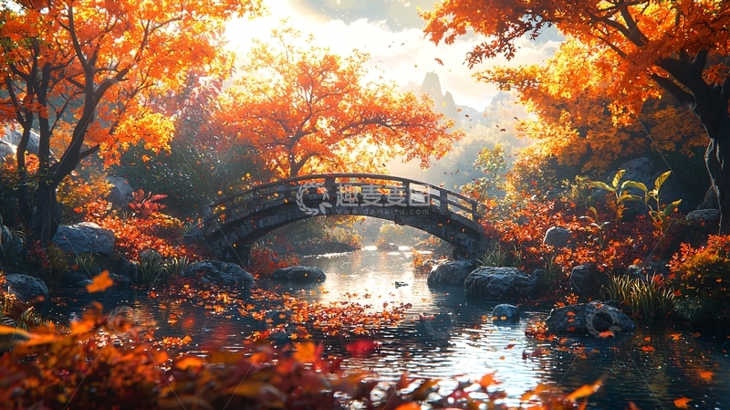 高清大图下载【趣麦麦图】秋日枫叶小桥流水