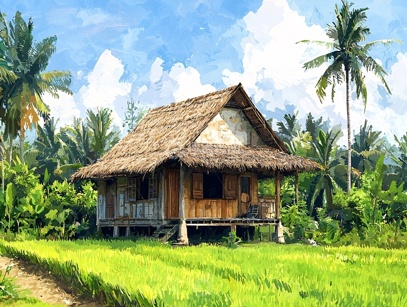 高清大图下载【趣麦麦图】稻田边上的茅草屋