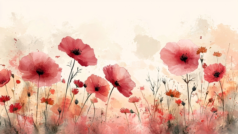 高清大图下载【趣麦麦图】水彩红罂粟花田