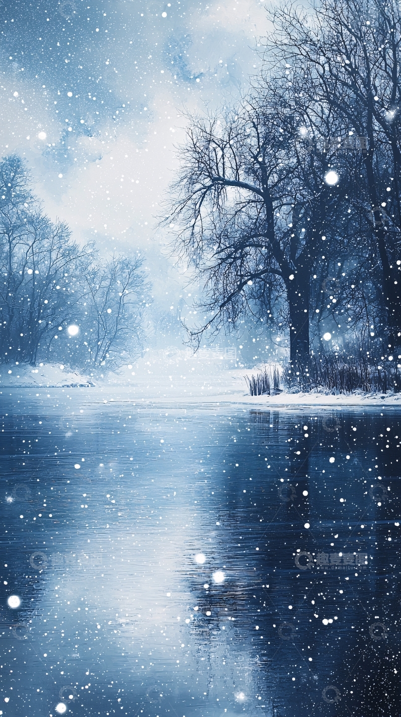 高清大图下载【趣麦麦图】冬日雪景河边树木
