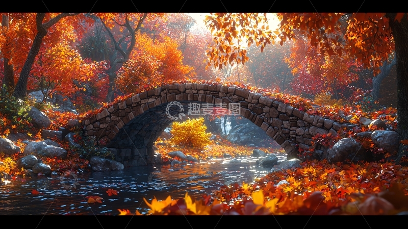 高清大图下载【趣麦麦图】秋日森林小石桥