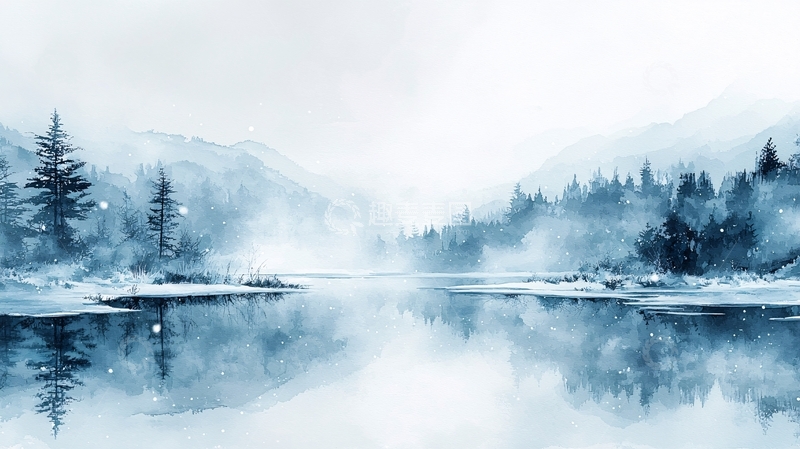 高清大图下载【趣麦麦图】冬季雪景湖泊水彩画