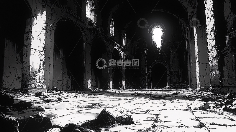 高清大图下载【趣麦麦图】黑暗中破败建筑的黑白照片