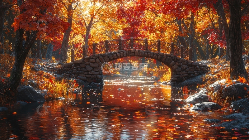 高清大图下载【趣麦麦图】秋日森林小桥流水