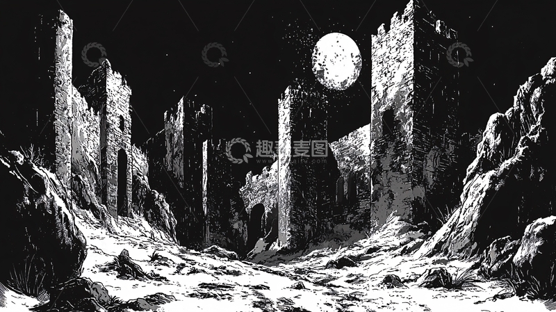高清大图下载【趣麦麦图】黑白月夜废墟