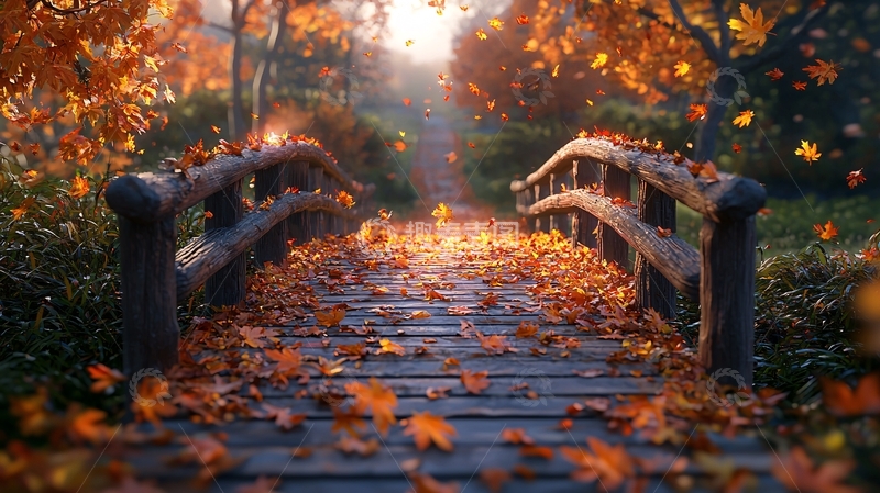 高清大图下载【趣麦麦图】秋日小桥落叶