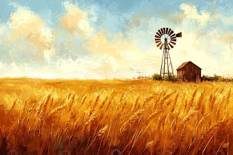 高清大图下载【趣麦麦图】金色麦田风车农舍